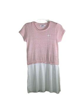 DKNY Girls XL Pink White Pleated Dress Short Sleeve Knit Casual